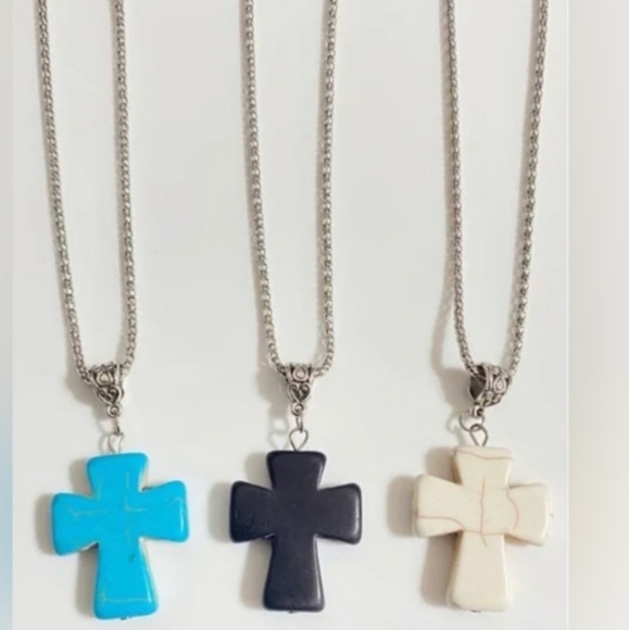 Blue Tourquise Cross Necklace Crucifx Silver 18" Chain and 2-1/2" extender NEW - Picture 2 of 11